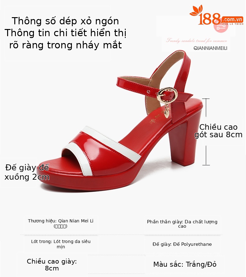 Sandal cao gót nữ mũi hở đế dày da sáng chế gót thô 8 cm — Màu đỏ 8cm, Trắng 8cm chi tiết 4