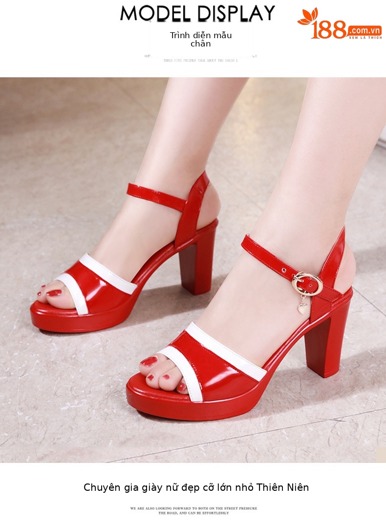 Sandal cao gót nữ mũi hở đế dày da sáng chế gót thô 8 cm — Màu đỏ 8cm, Trắng 8cm chi tiết 9
