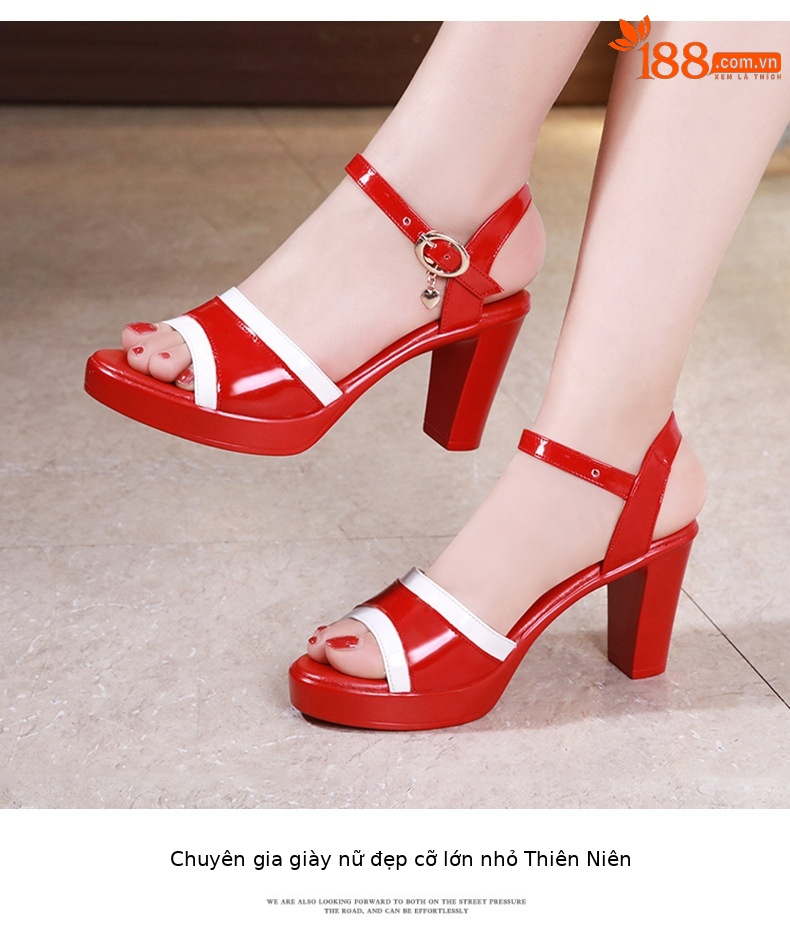 Sandal cao gót nữ mũi hở đế dày da sáng chế gót thô 8 cm — Màu đỏ 8cm, Trắng 8cm chi tiết 10