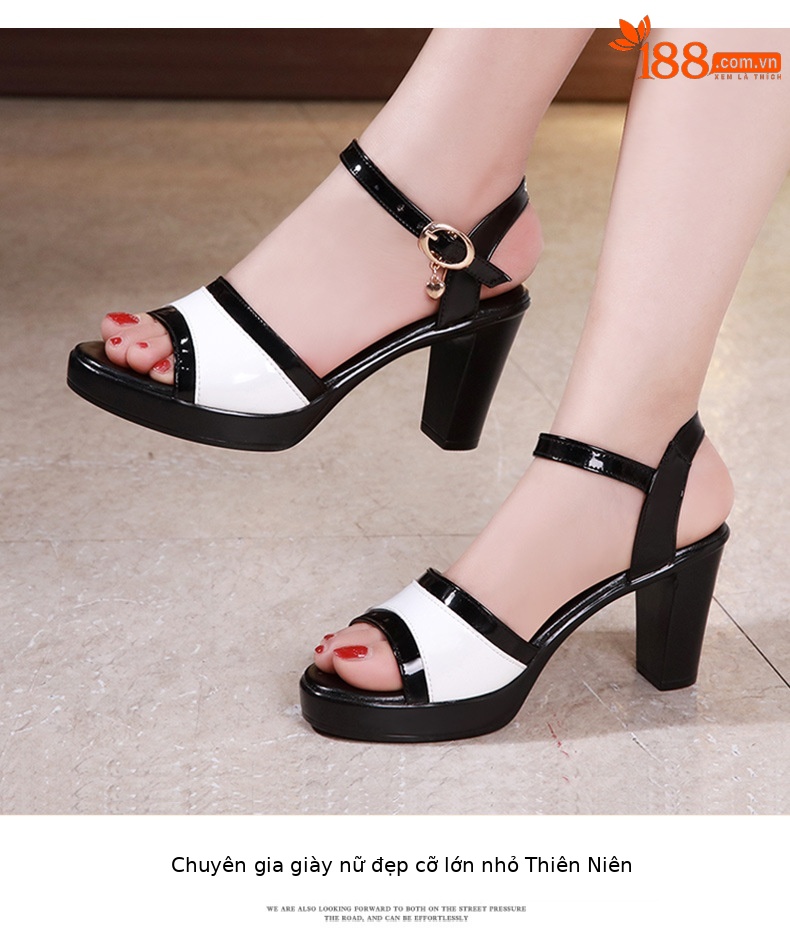 Sandal cao gót nữ mũi hở đế dày da sáng chế gót thô 8 cm — Màu đỏ 8cm, Trắng 8cm chi tiết 13