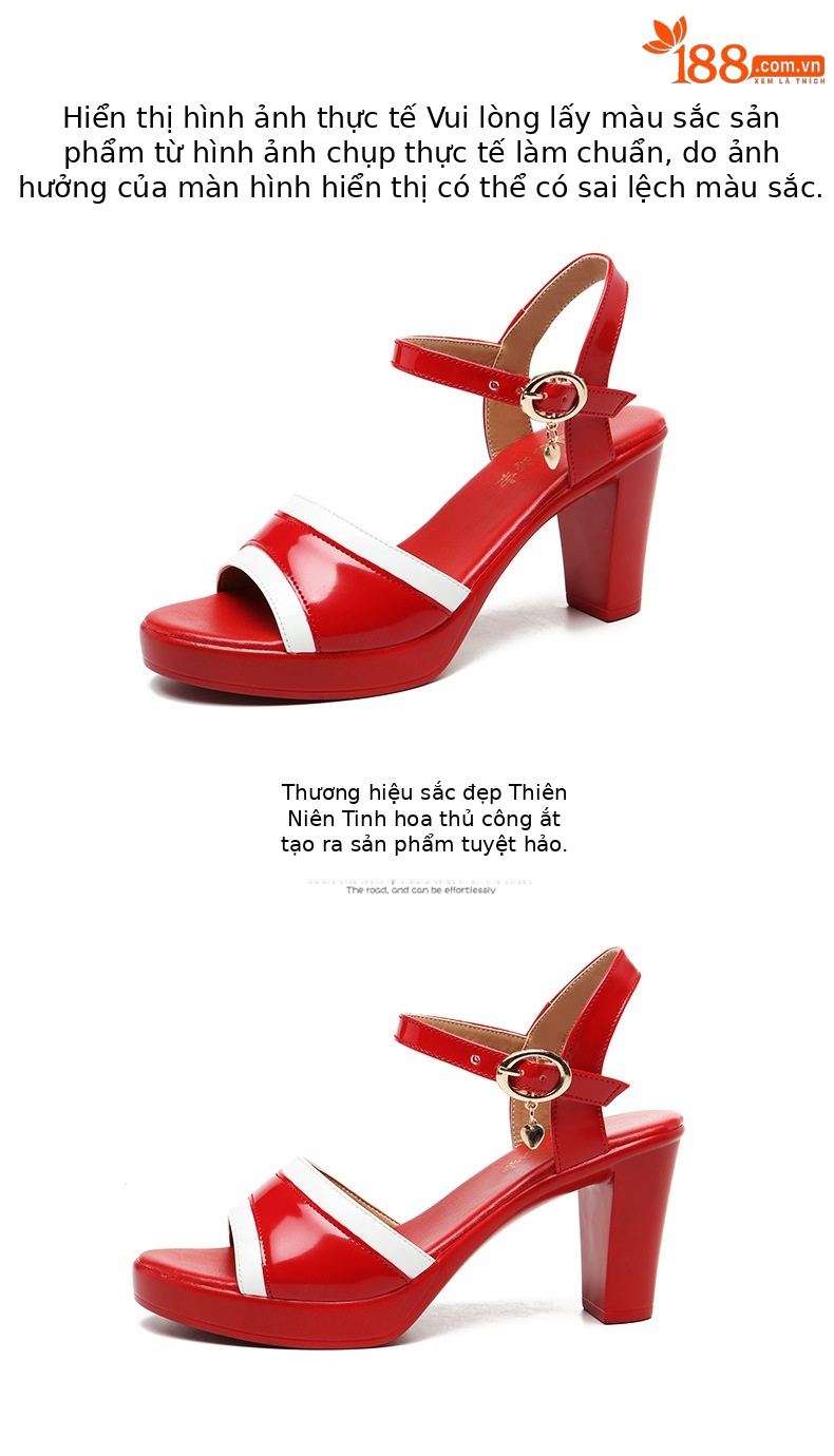 Sandal cao gót nữ mũi hở đế dày da sáng chế gót thô 8 cm — Màu đỏ 8cm, Trắng 8cm chi tiết 15