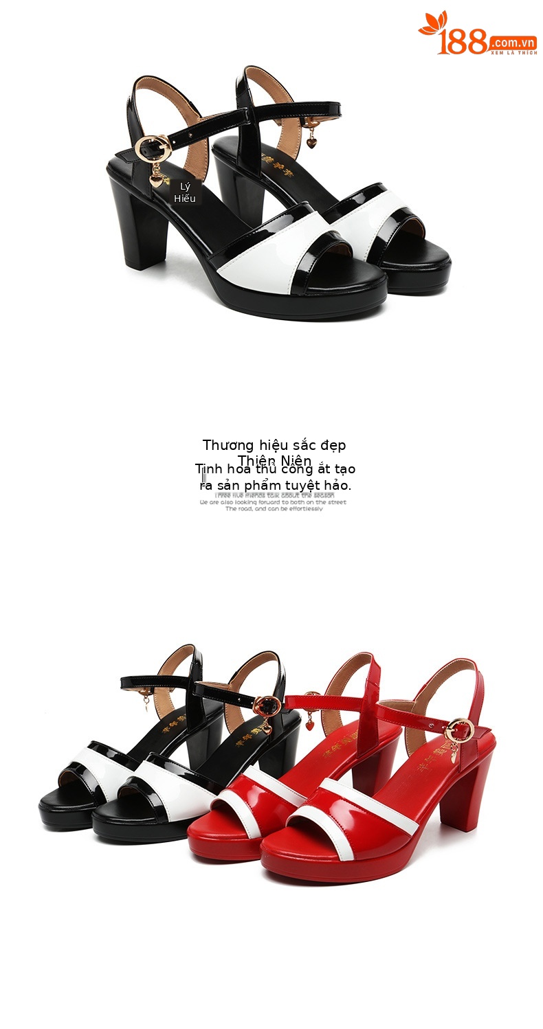Sandal cao gót nữ mũi hở đế dày da sáng chế gót thô 8 cm — Màu đỏ 8cm, Trắng 8cm chi tiết 17