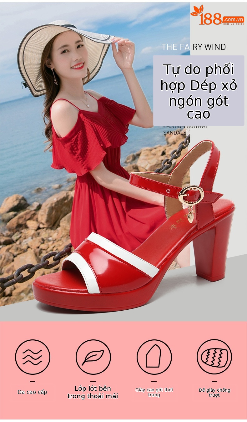 Sandal cao gót nữ mũi hở đế dày da sáng chế gót thô 8 cm — Màu đỏ 8cm, Trắng 8cm chi tiết 5