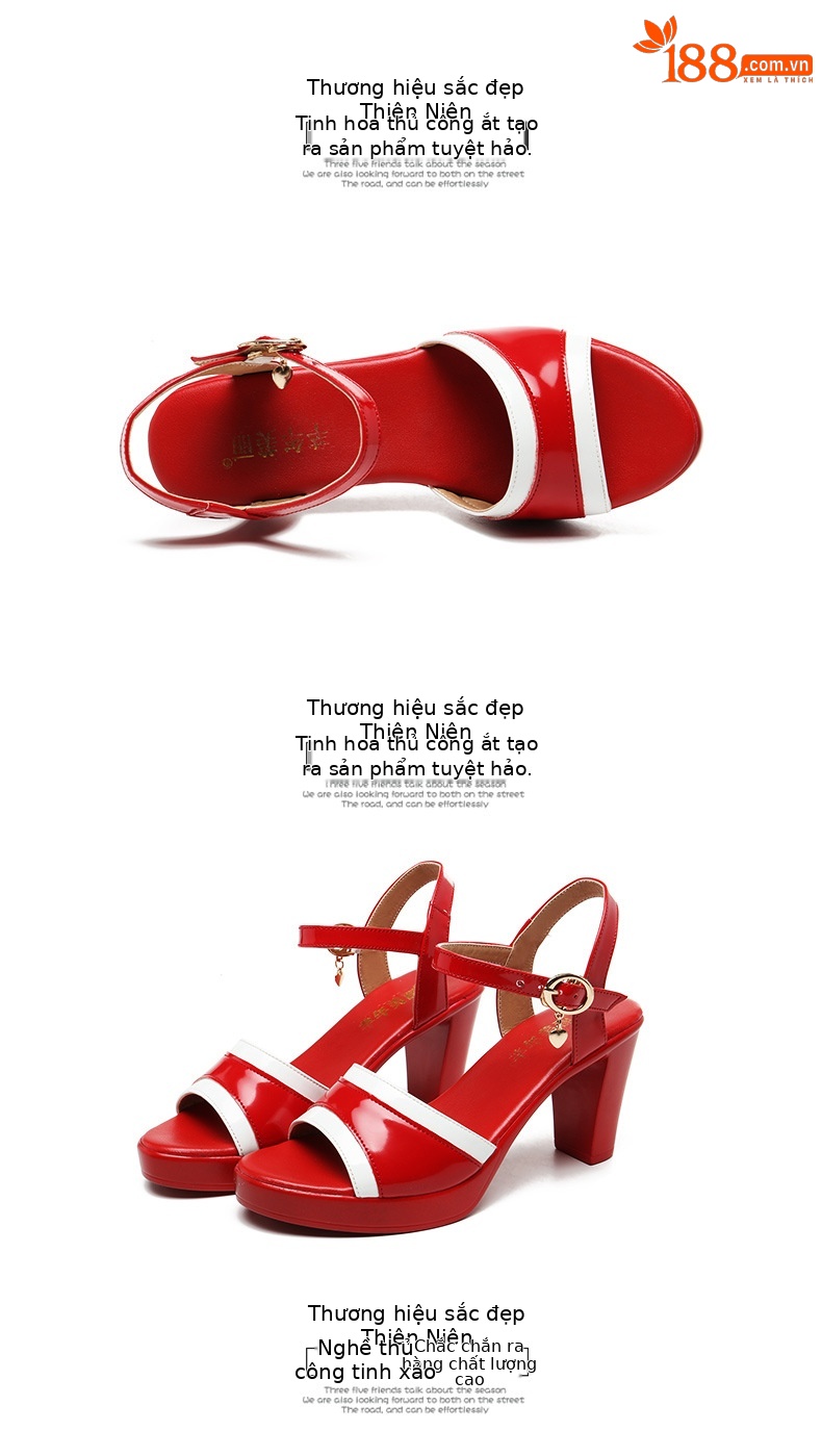 Sandal cao gót nữ mũi hở đế dày da sáng chế gót thô 8 cm — Màu đỏ 8cm, Trắng 8cm chi tiết 16
