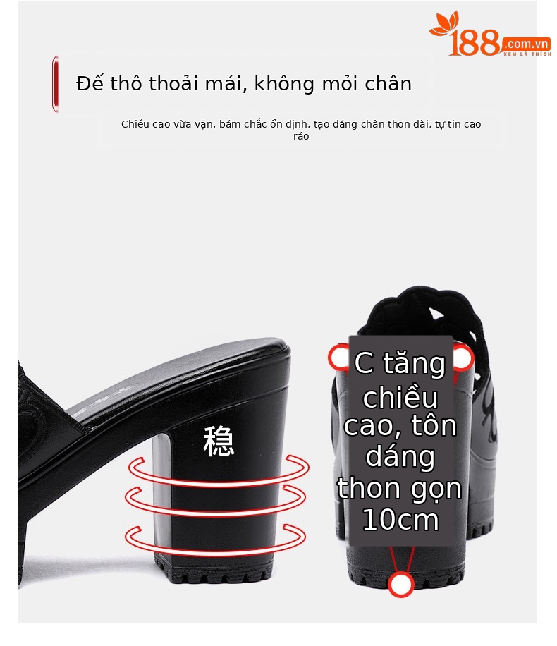 Dép nữ đế xuồng mùa hè 2025, mũi nhọn, gót dày platform, size lớn — Màu đen chi tiết 6