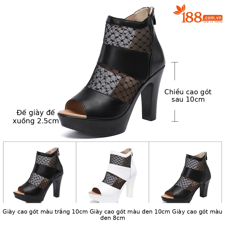 Sandal cao gót nữ mũi cá lưới rỗng phong cách Anh, gót thô 10 cm — đen 10cm, Trắng 10cm, đen 8cm