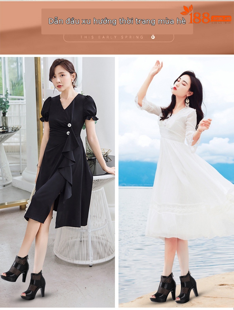 Sandal cao gót nữ mũi cá lưới rỗng phong cách Anh, gót thô 10 cm — đen 10cm, Trắng 10cm, đen 8cm chi tiết 1