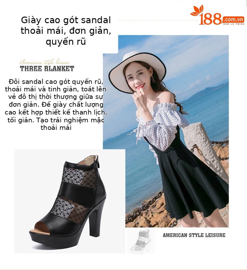 Sandal cao gót nữ mũi cá lưới rỗng phong cách Anh, gót thô 10 cm — đen 10cm, Trắng 10cm, đen 8cm chi tiết 2