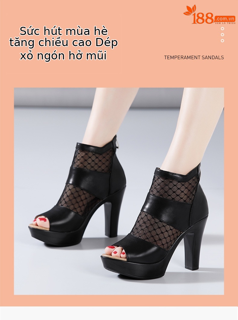 Sandal cao gót nữ mũi cá lưới rỗng phong cách Anh, gót thô 10 cm — đen 10cm, Trắng 10cm, đen 8cm chi tiết 3