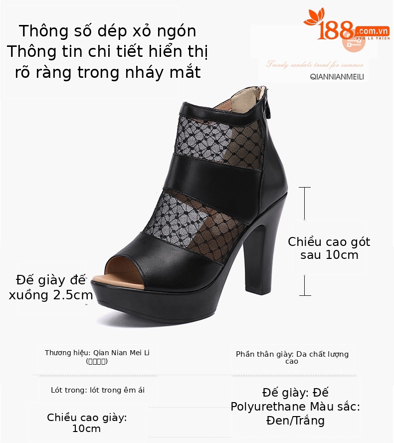 Sandal cao gót nữ mũi cá lưới rỗng phong cách Anh, gót thô 10 cm — đen 10cm, Trắng 10cm, đen 8cm chi tiết 4