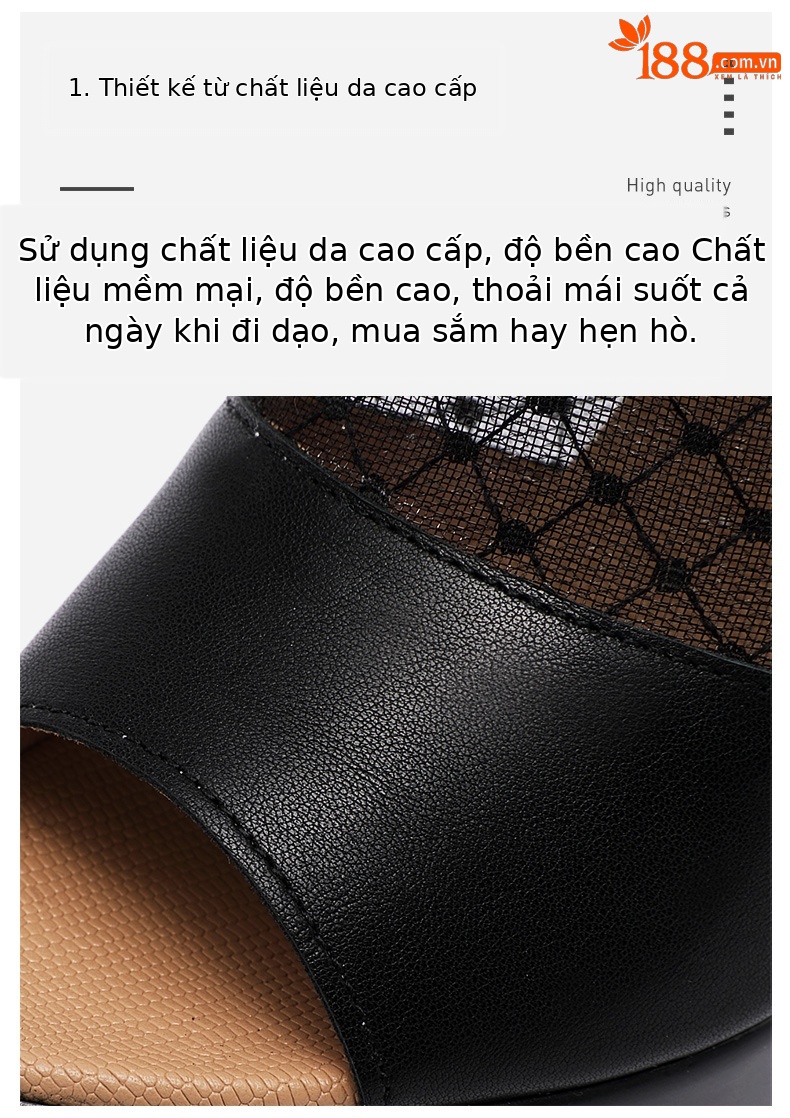 Sandal cao gót nữ mũi cá lưới rỗng phong cách Anh, gót thô 10 cm — đen 10cm, Trắng 10cm, đen 8cm chi tiết 6