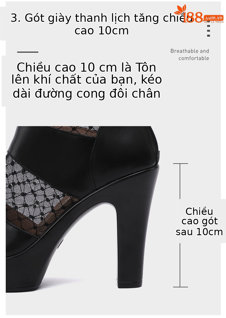 Sandal cao gót nữ mũi cá lưới rỗng phong cách Anh, gót thô 10 cm — đen 10cm, Trắng 10cm, đen 8cm chi tiết 8
