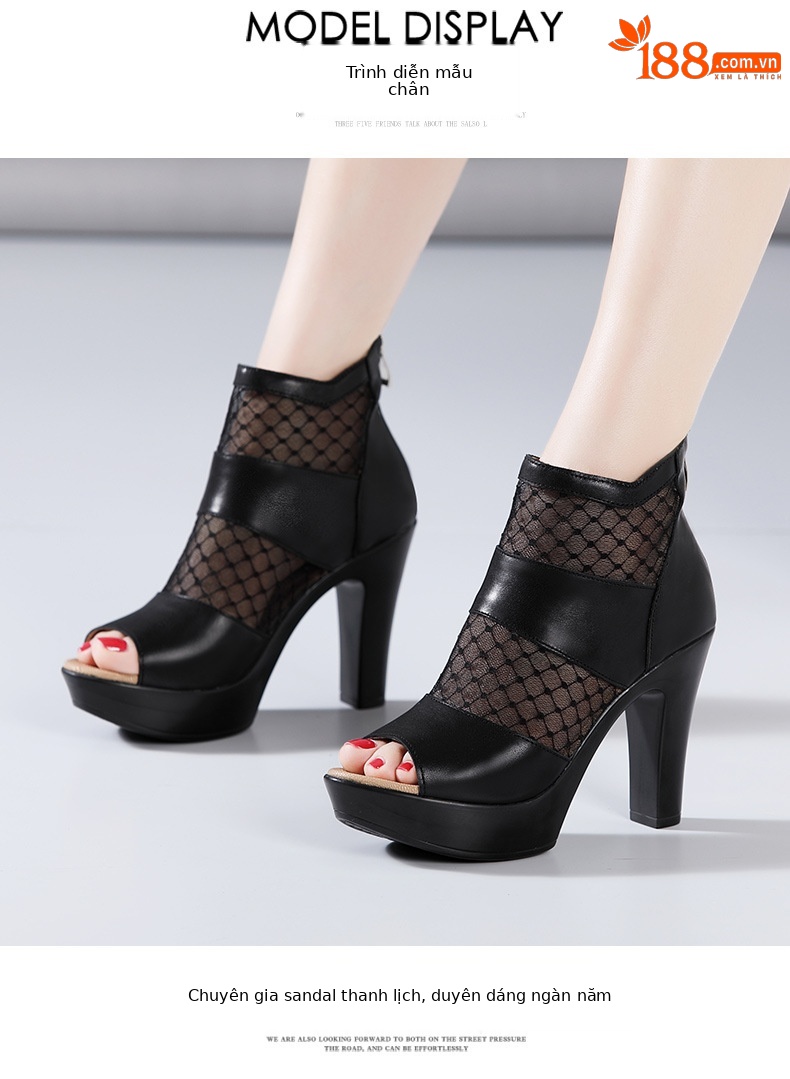 Sandal cao gót nữ mũi cá lưới rỗng phong cách Anh, gót thô 10 cm — đen 10cm, Trắng 10cm, đen 8cm chi tiết 10