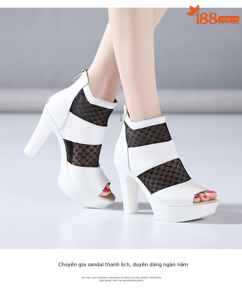 Sandal cao gót nữ mũi cá lưới rỗng phong cách Anh, gót thô 10 cm — đen 10cm, Trắng 10cm, đen 8cm chi tiết 13