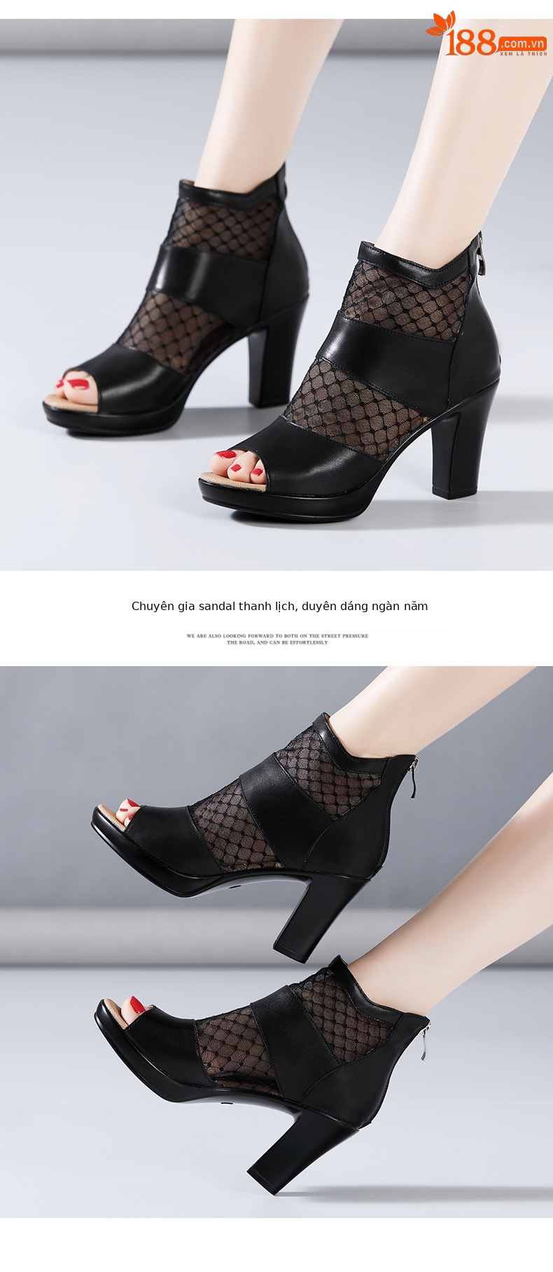 Sandal cao gót nữ mũi cá lưới rỗng phong cách Anh, gót thô 10 cm — đen 10cm, Trắng 10cm, đen 8cm chi tiết 14