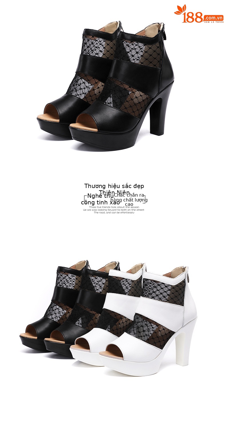 Sandal cao gót nữ mũi cá lưới rỗng phong cách Anh, gót thô 10 cm — đen 10cm, Trắng 10cm, đen 8cm chi tiết 17