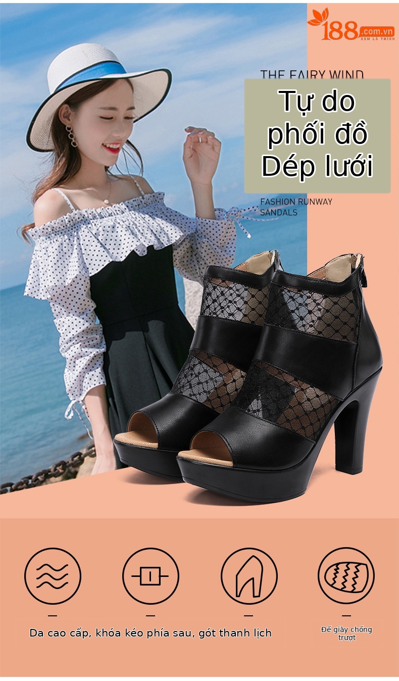 Sandal cao gót nữ mũi cá lưới rỗng phong cách Anh, gót thô 10 cm — đen 10cm, Trắng 10cm, đen 8cm chi tiết 5