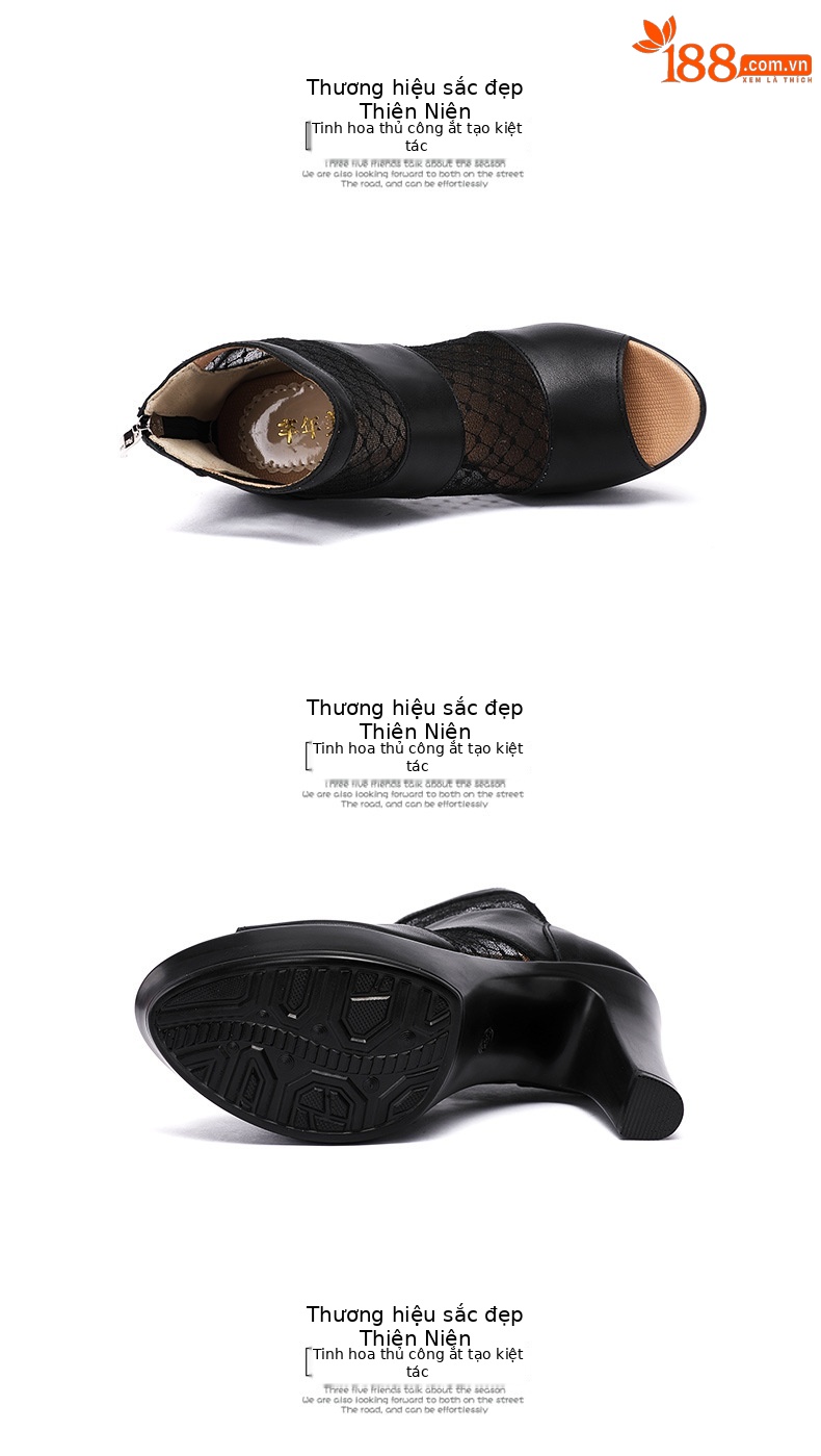 Sandal cao gót nữ mũi cá lưới rỗng phong cách Anh, gót thô 10 cm — đen 10cm, Trắng 10cm, đen 8cm chi tiết 16