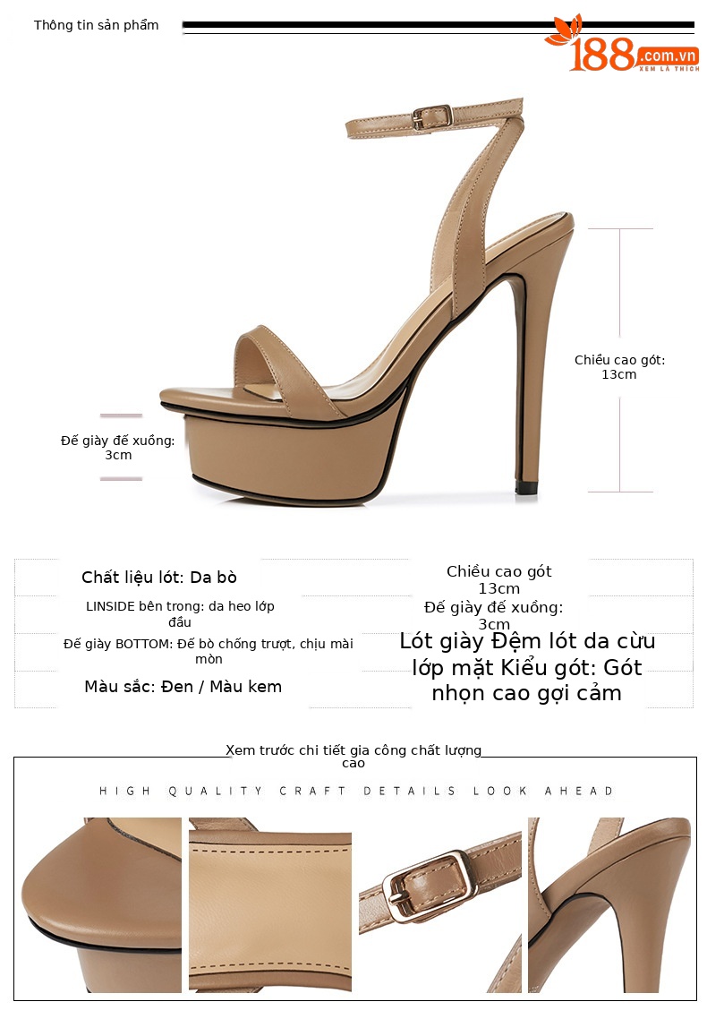 Sandal cao gót nữ hở mũi quai khóa da thật gót 13 cm — Màu đen chi tiết 4
