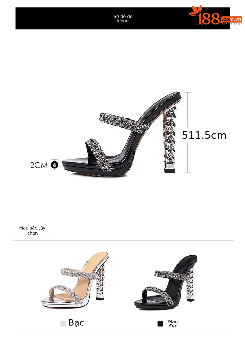 Sandal cao gót nữ đính đá quai ngang đế platform gót siêu cao — Màu đen chi tiết 3