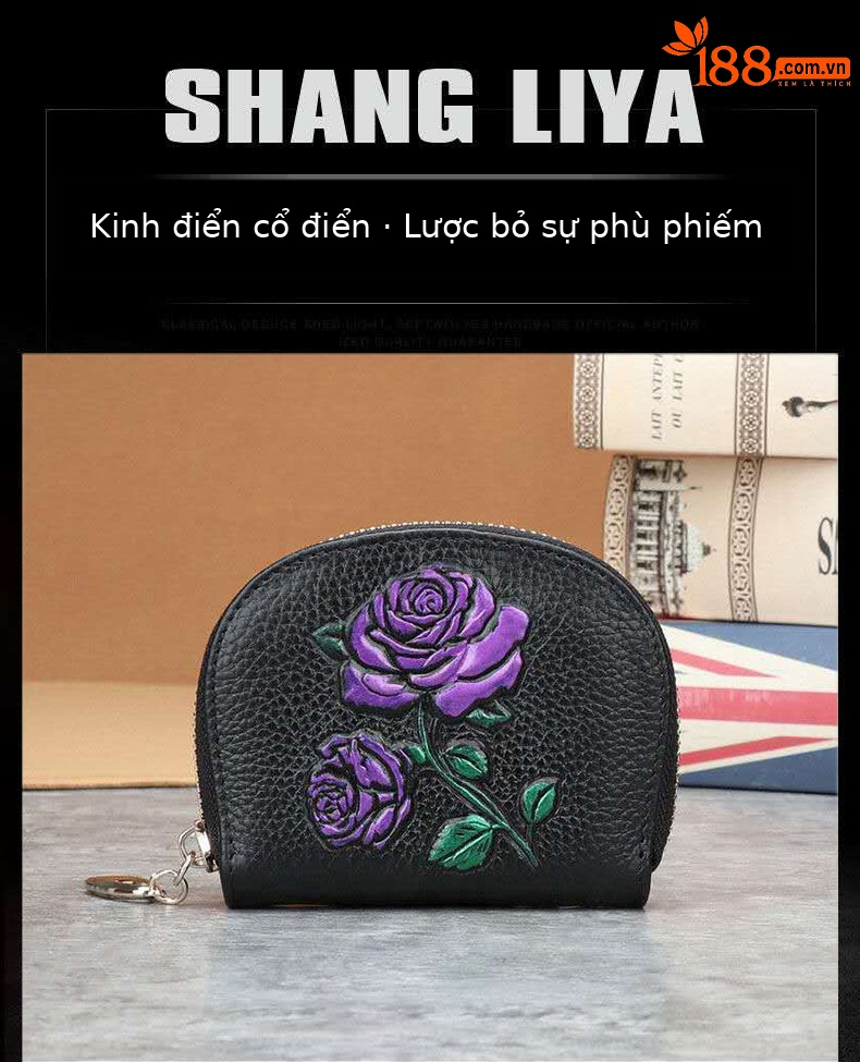 Ví cầm tay nữ da bò thật đa năng dung tích lớn đựng chìa khóa tiền xu thẻ — Cá Vàng, Mèo Con, Hoa Hồng, Hoa Hướng Dương chi tiết 1