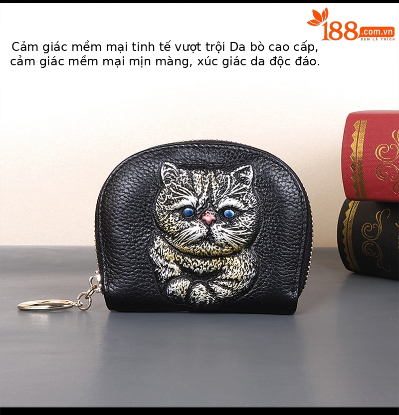 Ví cầm tay nữ da bò thật đa năng dung tích lớn đựng chìa khóa tiền xu thẻ — Cá Vàng, Mèo Con, Hoa Hồng, Hoa Hướng Dương chi tiết 3