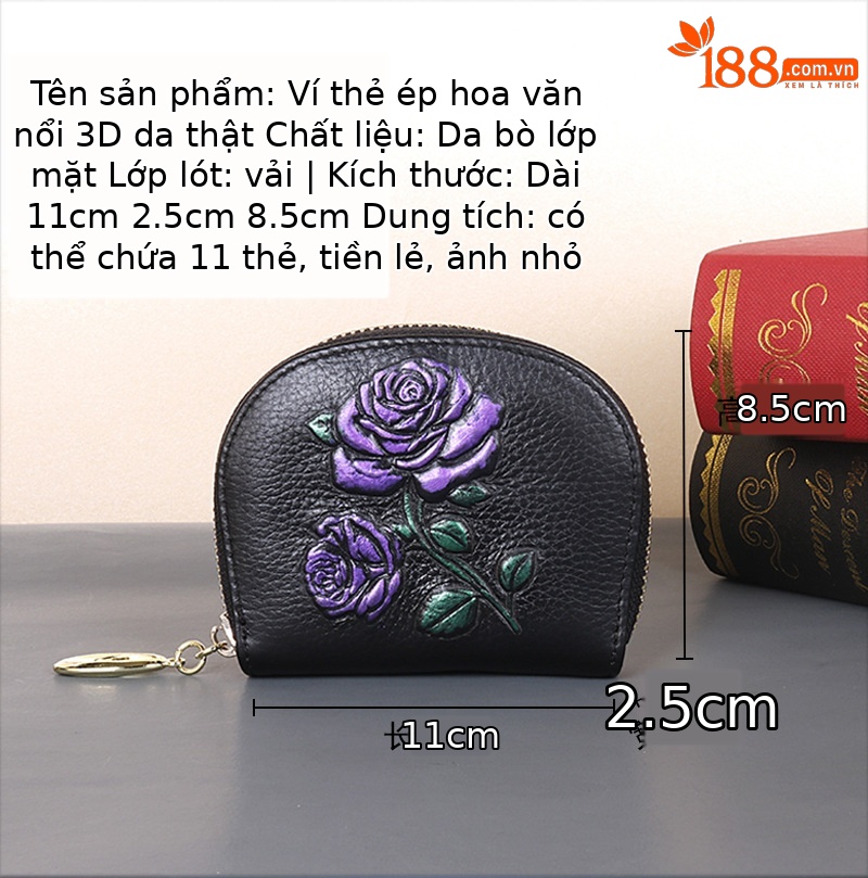 Ví cầm tay nữ da bò thật đa năng dung tích lớn đựng chìa khóa tiền xu thẻ — Cá Vàng, Mèo Con, Hoa Hồng, Hoa Hướng Dương chi tiết 6