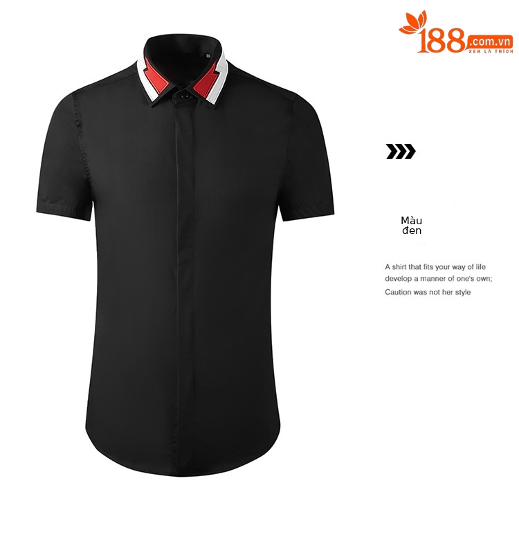 Áo sơ mi ngắn tay nam cổ nhọn thêu tia chớp, dáng ôm, chất cotton thoáng mát — Màu đen chi tiết 6