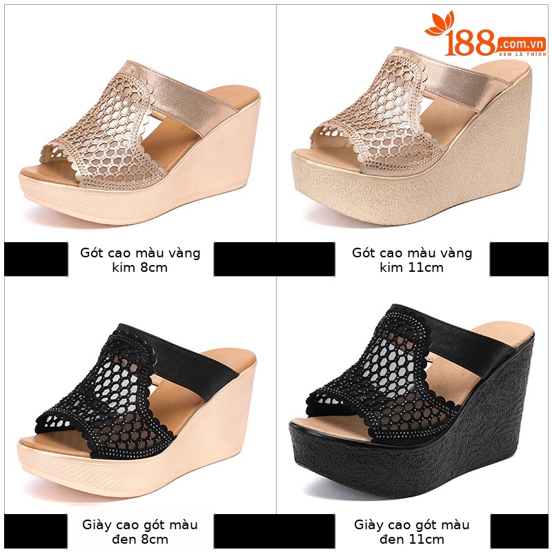 Dép cao gót siêu cao đế xuồng nữ hở mũi peep-toe, đế dày chống nước, size lớn, gót 11 cm — Màu vàng 11cm, Màu đen 11cm, Màu đen 8cm, Màu vàng 8cm