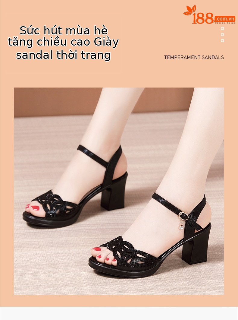 Sandal peep toe nữ gót vuông vừa đính đá – size lớn 40-43 — Màu đen chi tiết 2