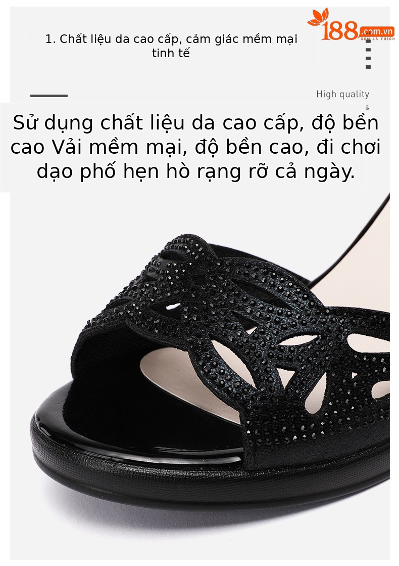 Sandal peep toe nữ gót vuông vừa đính đá – size lớn 40-43 — Màu đen chi tiết 4