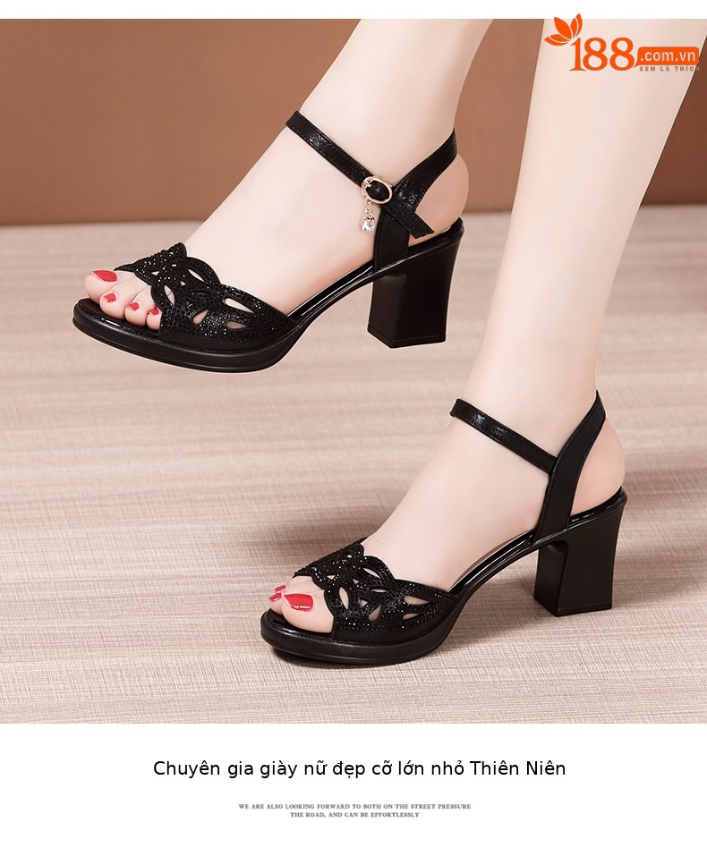 Sandal peep toe nữ gót vuông vừa đính đá – size lớn 40-43 — Màu đen chi tiết 9