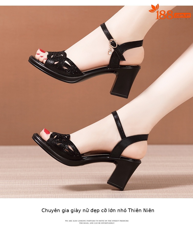 Sandal peep toe nữ gót vuông vừa đính đá – size lớn 40-43 — Màu đen chi tiết 10
