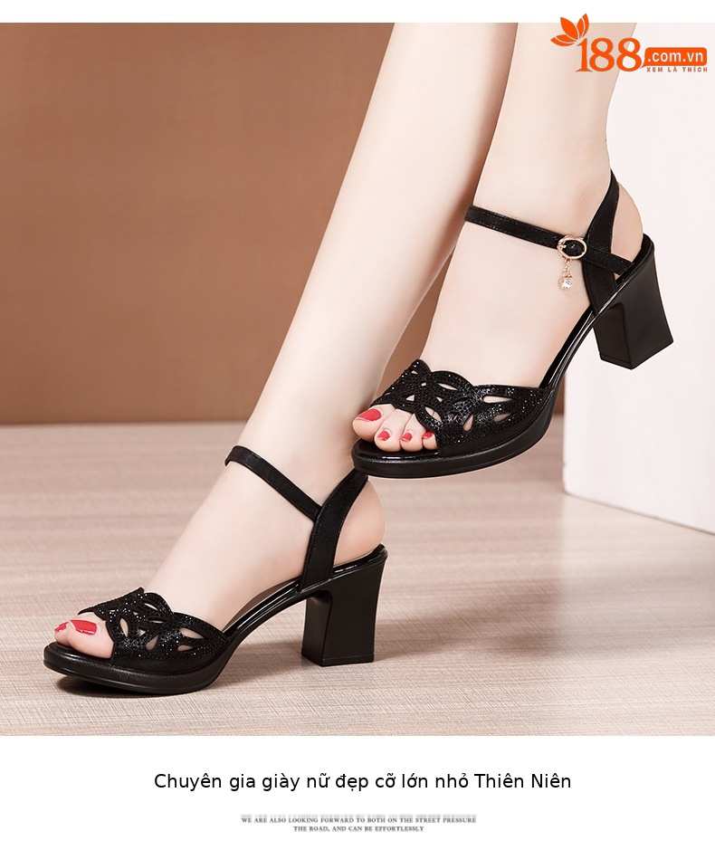 Sandal peep toe nữ gót vuông vừa đính đá – size lớn 40-43 — Màu đen chi tiết 11