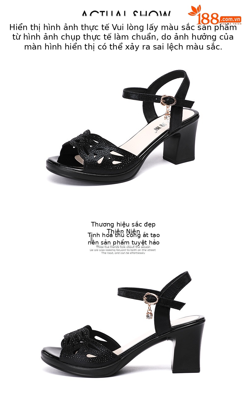 Sandal peep toe nữ gót vuông vừa đính đá – size lớn 40-43 — Màu đen chi tiết 13