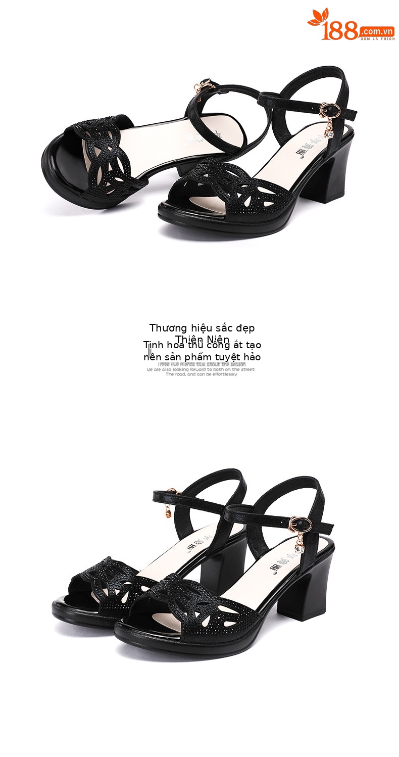 Sandal peep toe nữ gót vuông vừa đính đá – size lớn 40-43 — Màu đen chi tiết 15
