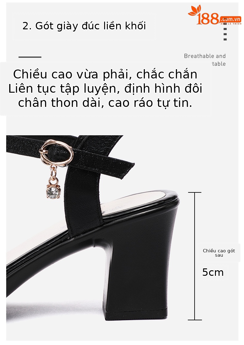 Sandal peep toe nữ gót vuông vừa đính đá – size lớn 40-43 — Màu đen chi tiết 5