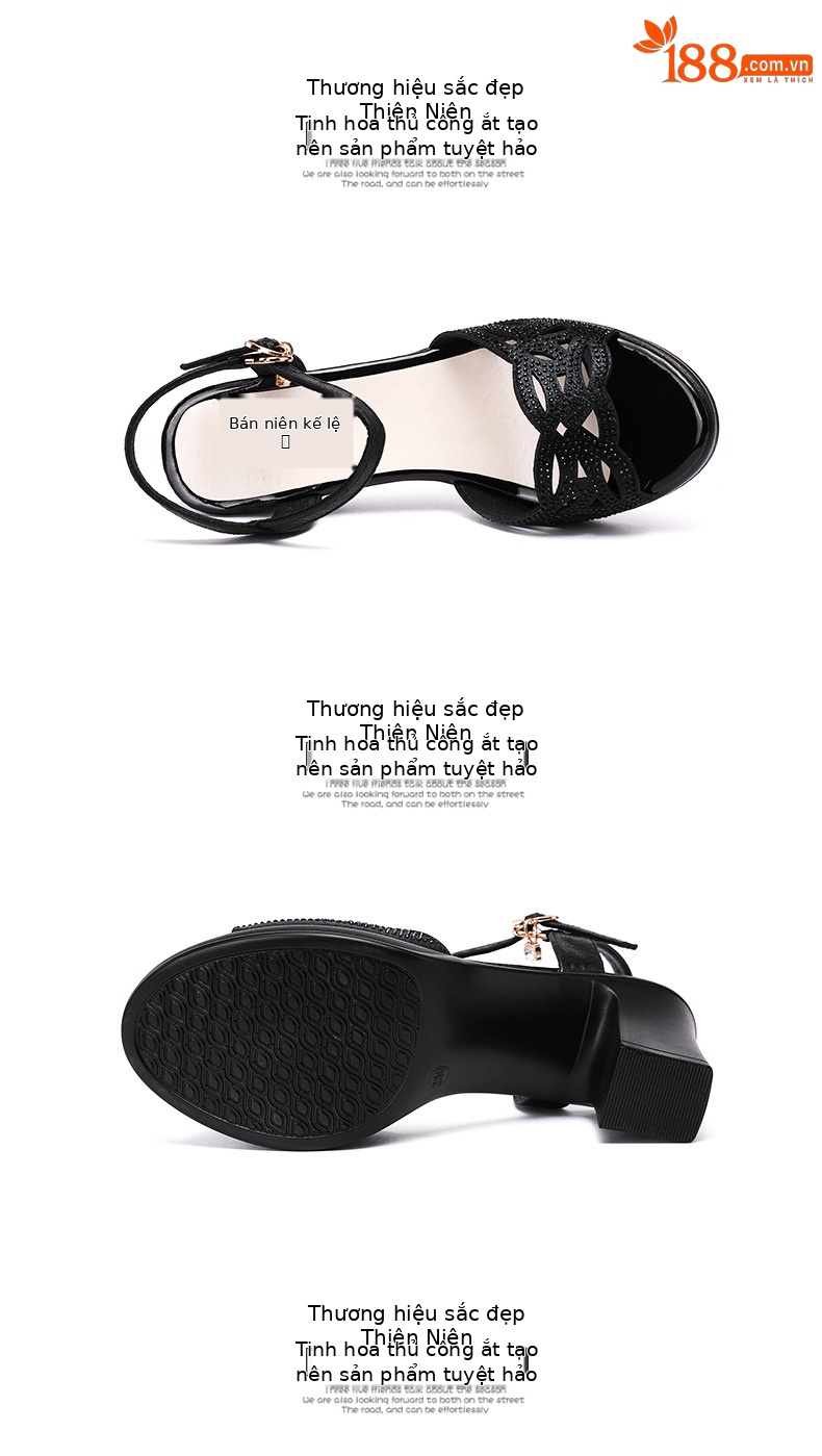 Sandal peep toe nữ gót vuông vừa đính đá – size lớn 40-43 — Màu đen chi tiết 14
