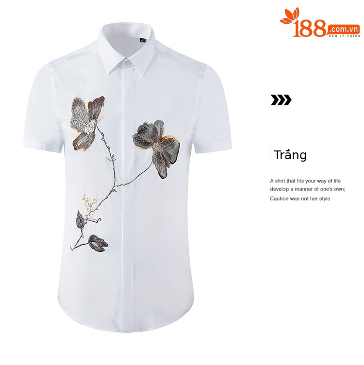 Áo sơ mi ngắn tay nam thêu hoa cành tương phản trước ngực — Màu trắng chi tiết 6