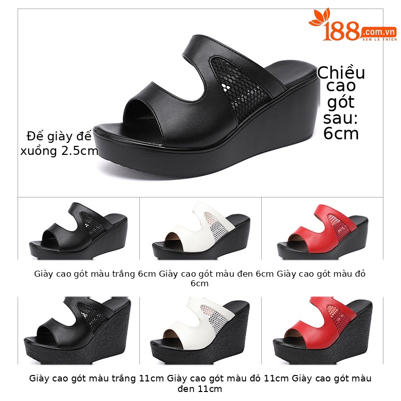 Dép nữ đi ngoài trời mùa hè 2025 đế xuồng dày lưới phối size lớn — Màu đen 6cm, Màu đỏ 11cm, Màu trắng 6cm, Màu đen 11cm