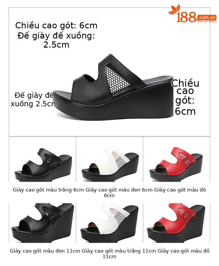 Dép nữ đi ngoài trời mùa hè 2025 đế xuồng dày lưới phối size lớn — Màu đen 6cm, Màu đỏ 11cm, Màu trắng 6cm, Màu đen 11cm chi tiết 5