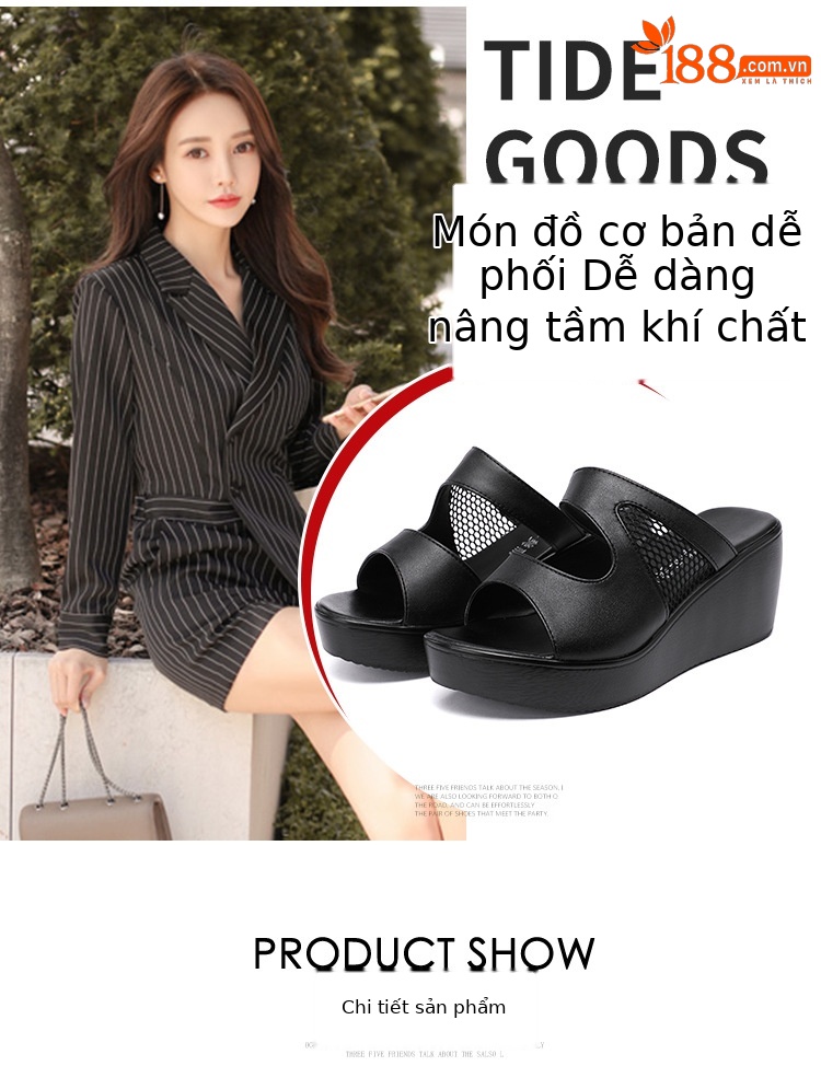 Dép nữ đi ngoài trời mùa hè 2025 đế xuồng dày lưới phối size lớn — Màu đen 6cm, Màu đỏ 11cm, Màu trắng 6cm, Màu đen 11cm chi tiết 6