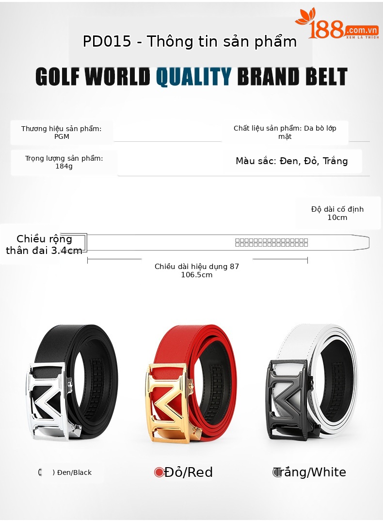 Thắt lưng golf nam da bò thật khóa hợp kim tự động — Dây da PD015 PGM đen bạc, PD015 PGM thắt lưng đỏ vàng, Dây da PD015 PGM trắng đen chi tiết 2