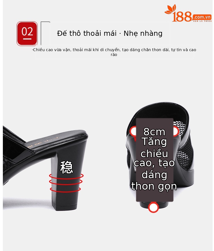 Dép lưới gót trung bình nữ đế xuồng mũi nhọn da bóng hè 2025 — Màu đen, Màu trắng, Màu đỏ chi tiết 8