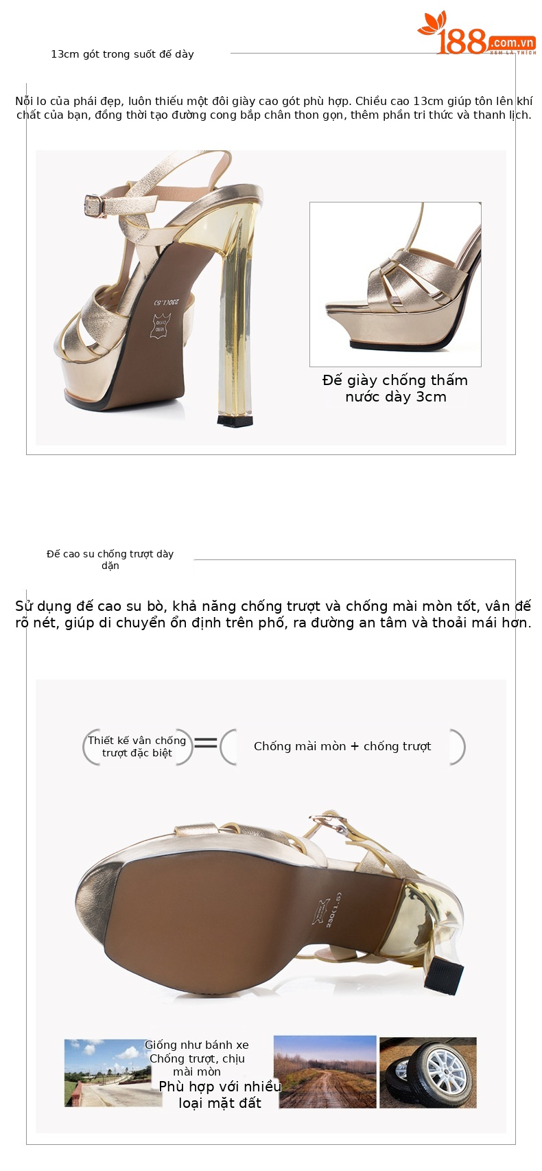 Sandal cao gót nữ hở mũi đế xuồng gót pha lê 13 cm — Màu vàng chi tiết 2
