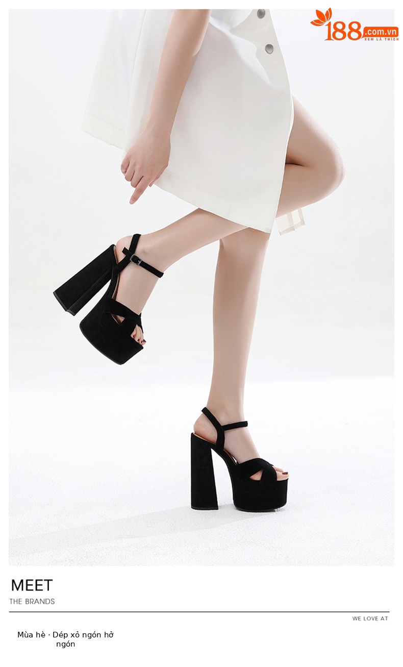 Sandal cao gót nữ mũi hở đế platform chunky da thật gót dày — Màu đen mờ chi tiết 1