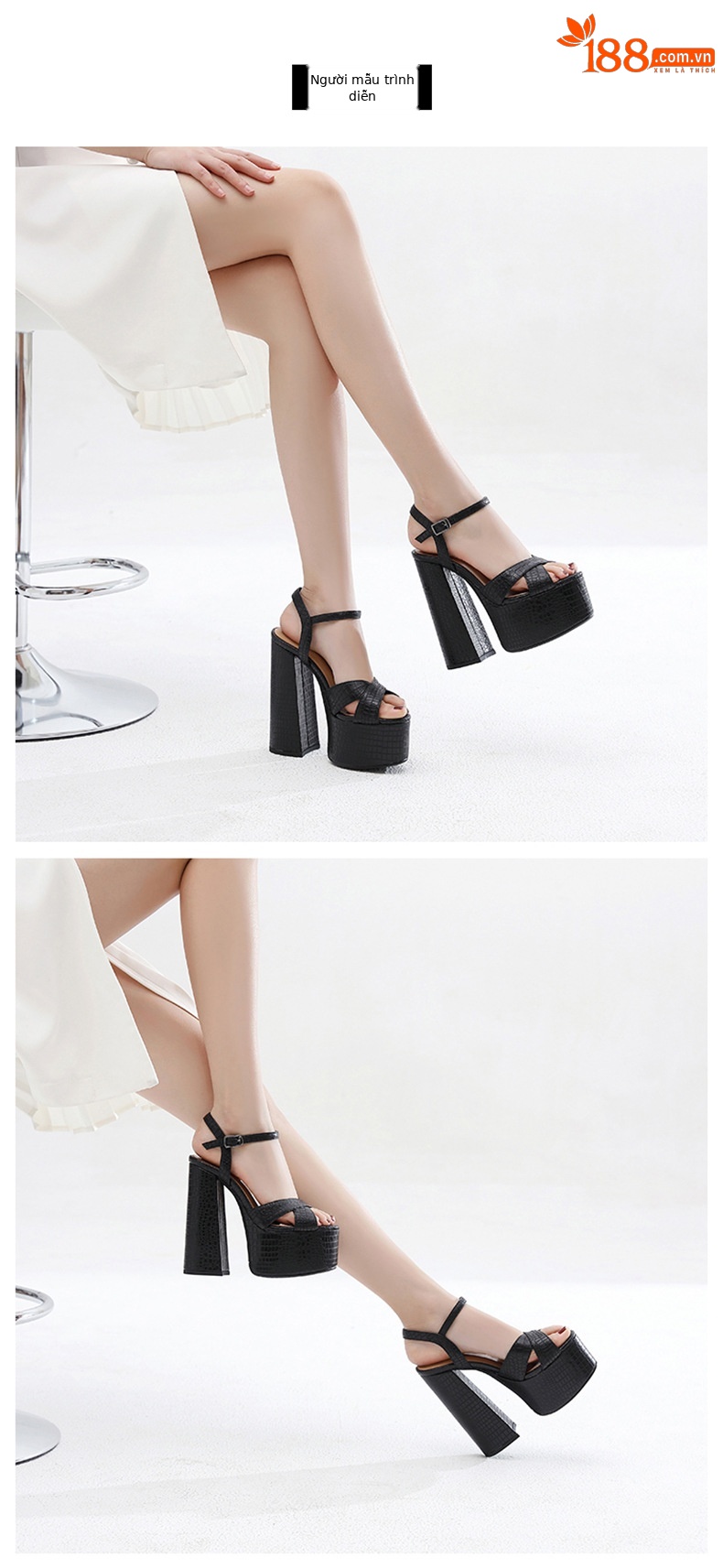 Sandal cao gót nữ mũi hở đế platform chunky da thật gót dày — Màu đen mờ chi tiết 3