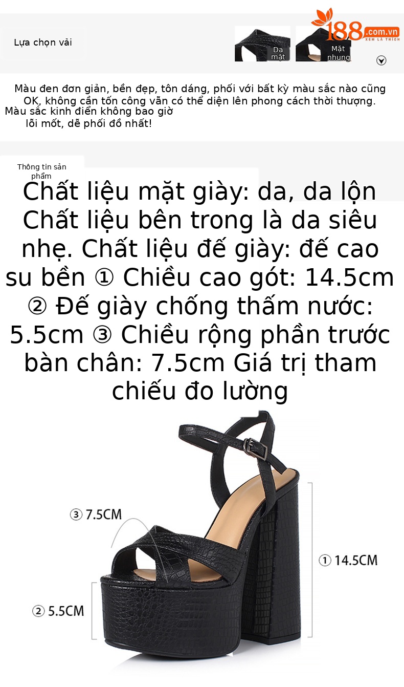 Sandal cao gót nữ mũi hở đế platform chunky da thật gót dày — Màu đen mờ chi tiết 2