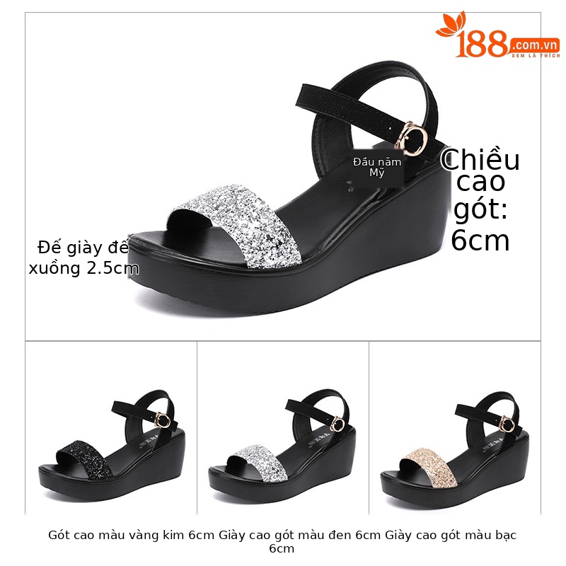 Sandal nữ đế xuồng cao gót 6cm quai ngang đính sequin mùa hè 2025 — Màu đen 6cm, Vàng 6cm, Bạc 6cm
