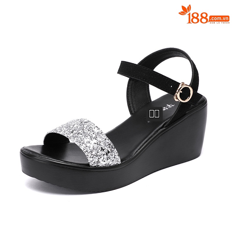 Sandal nữ đế xuồng cao gót 6cm quai ngang đính sequin mùa hè 2025 — Màu đen 6cm, Vàng 6cm, Bạc 6cm